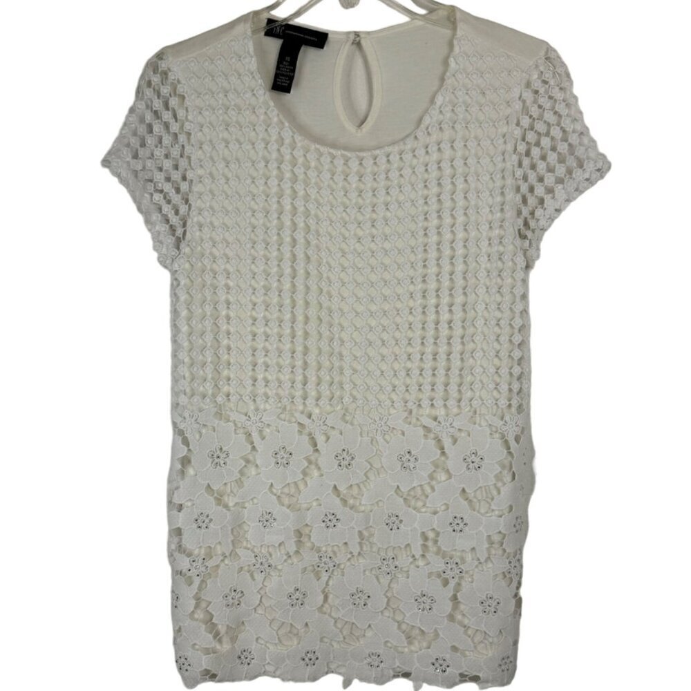 INC Ivory Shirt Crochet Overlay Floral Rhinestone Short Sleeve Rayon Stretch XS